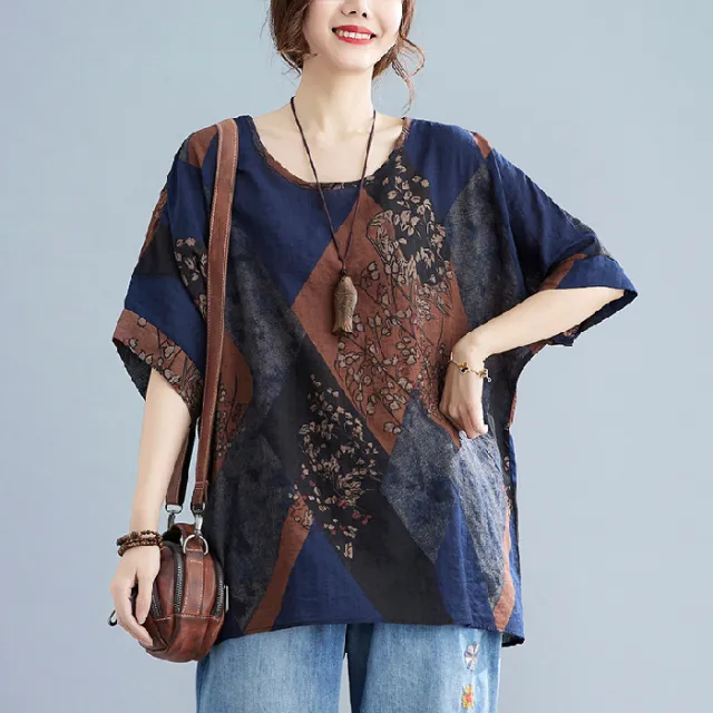 Women's Stylish Loose Round Neck Printed Short sleeved T shirt Top Brown - Shop at LoveMi