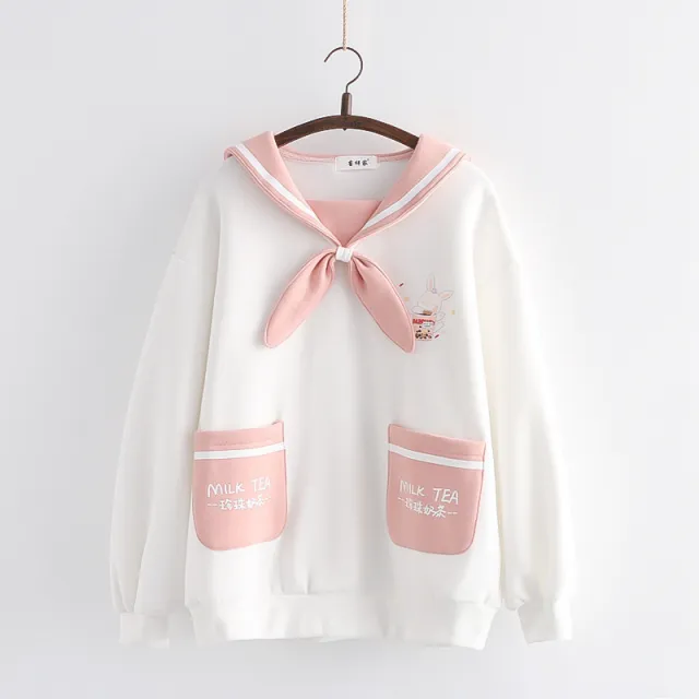 Japanese College Style Milk Tea Rabbit Sailor Collar Bow Brushed Hoody White - Shop at LoveMi