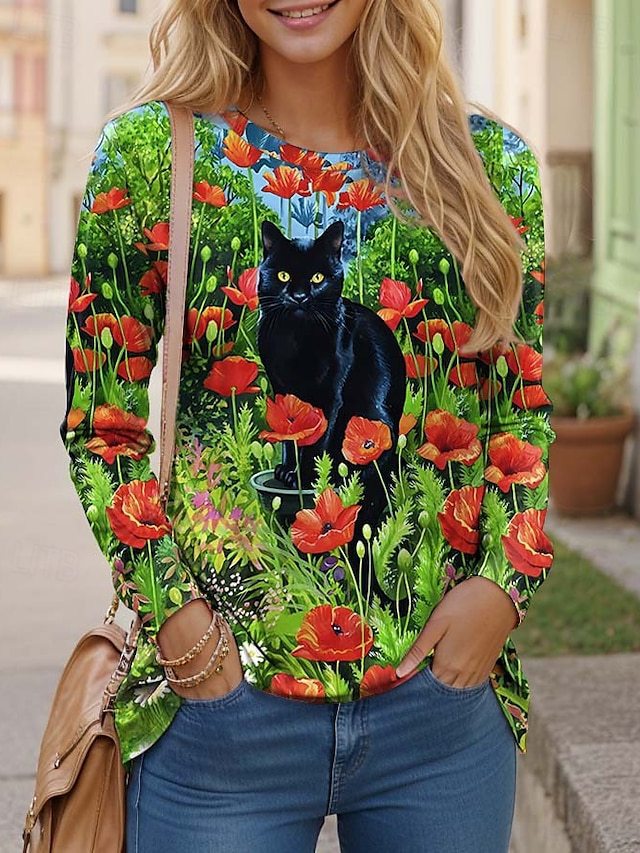 Womens Casual T Shirt With 3D Printed Crew Neck And Long Sleeves