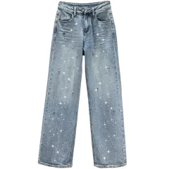 Design Sense Niche Heavy Embroidery Hot Drilling Starry Jeans - Light Blue - View 1