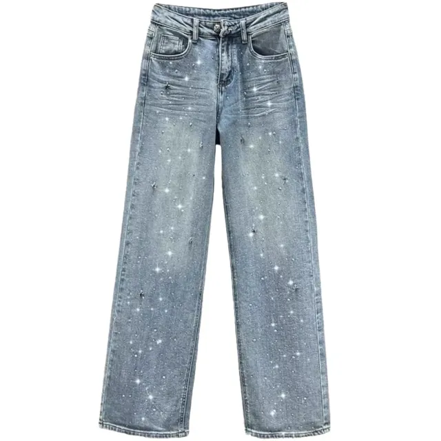 Design Sense Niche Heavy Embroidery Hot Drilling Starry Jeans Light Blue - Shop at LoveMi