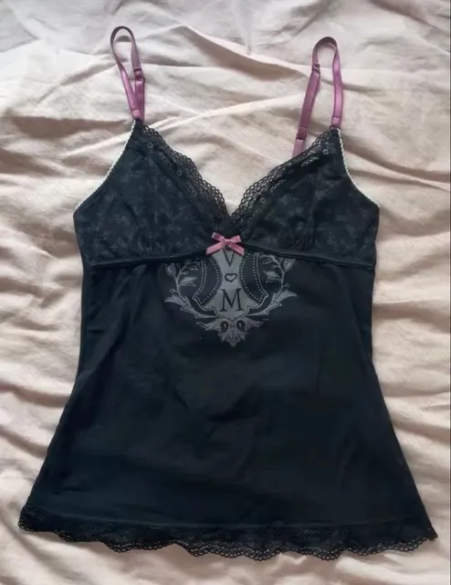 Bow Lace Trim Printed Sleeveless Tank Top Black 3 - Shop at LoveMi