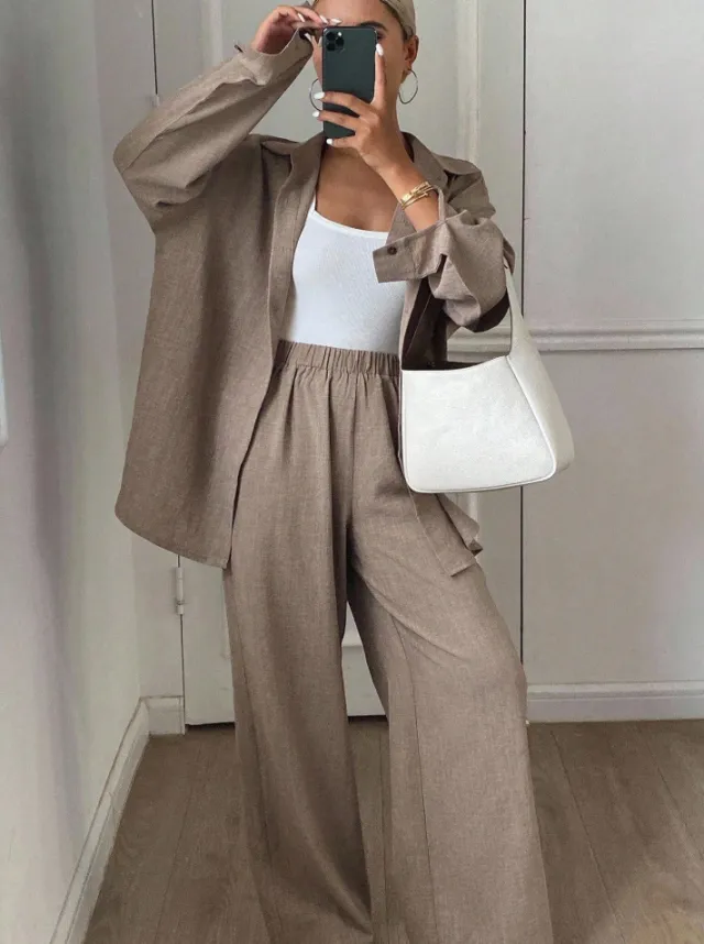 Womens Solid Color Casual Loose Cotton Linen Long Sleeve Shirt And Pants Set Khaki - Shop at LoveMi