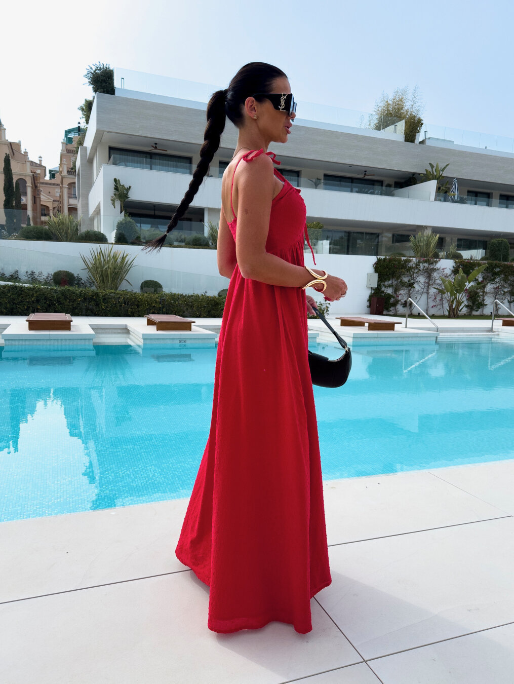 solid color jacquard deep v sling dress side view