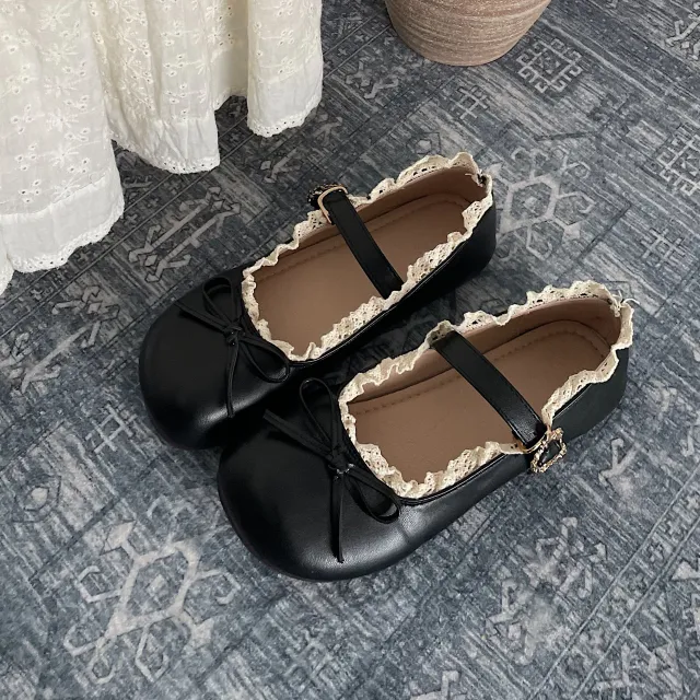 Round Toe Vintage Bow Leather Flat Shoes Black - Shop at LoveMi