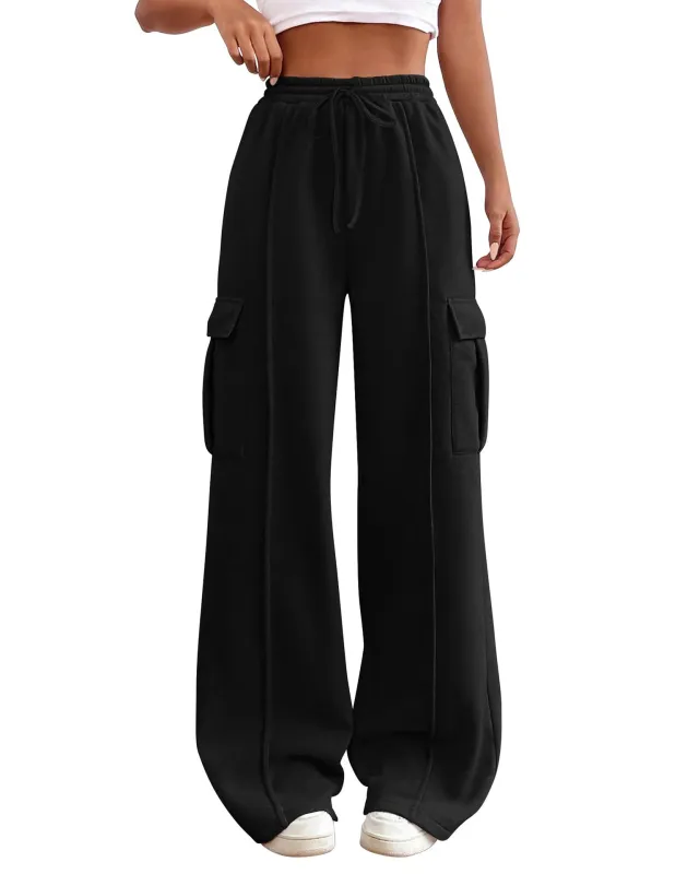 Women's Drawstring Elastic Waist Tooling Sweatpants Drawstring Black - Shop at LoveMi