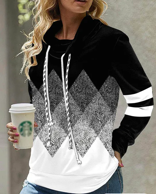 New Women's Pile Collar Hooded Printed Top - White