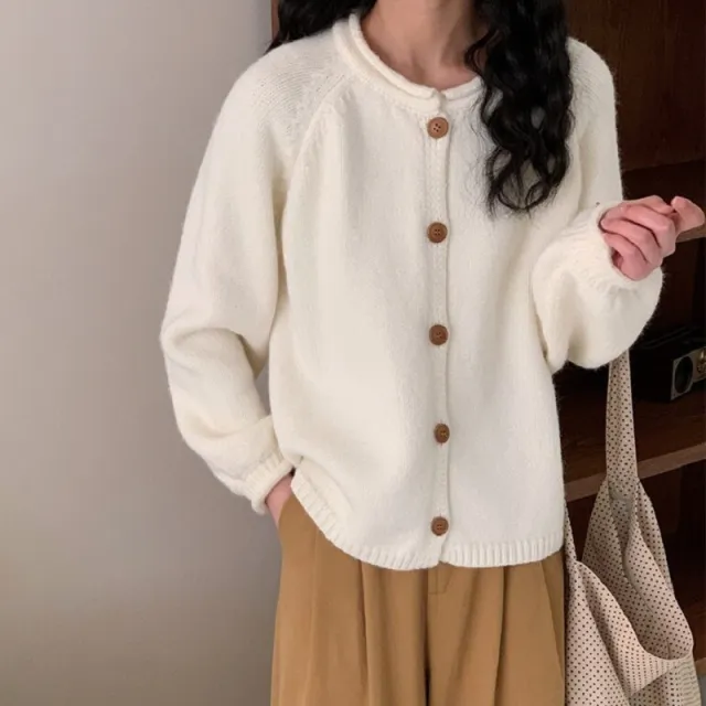 Autumn And Winter Simplicity Pure Color All matching Vintage Knitted Cardigan White - Shop at LoveMi