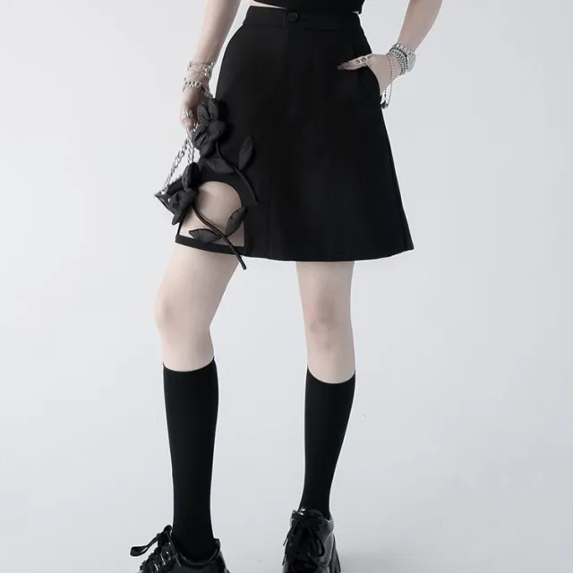 New Design Sense Stitching Flower A Line Skirt Skirt Black - Shop at LoveMi