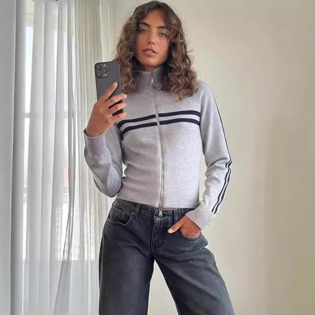 Striped Knitted Cardigan For Women Versatile Slimming Slim fit Long Sleeve Gray - Shop at LoveMi