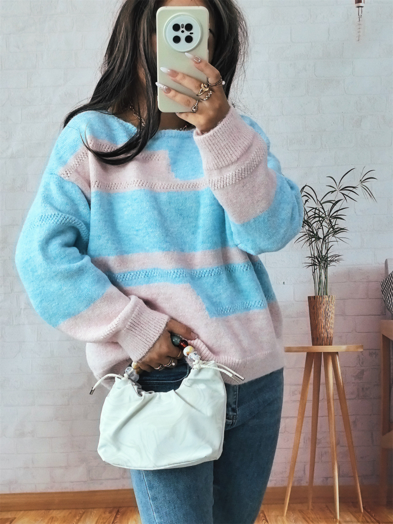 Simple Commute Irregular Contrast Color Round Neck Long Sleeve Sweater