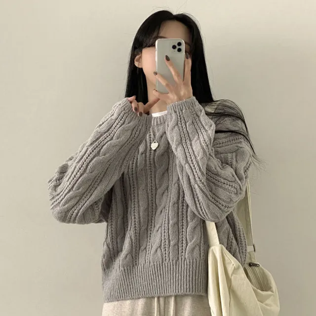 Thick Twist Sweater Idle Style Round Neck Solid Color Pullover Long Sleeve Gray - Shop at LoveMi