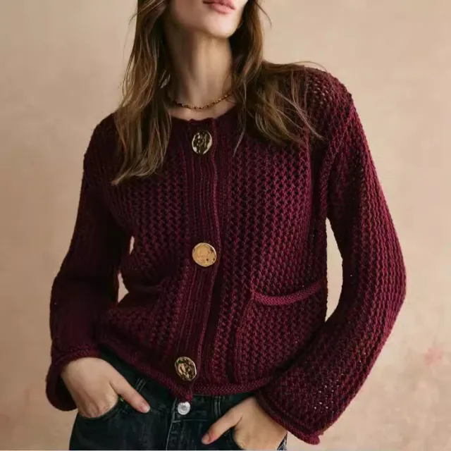 Fashion Round Neck All matching Basic High grade Thick Needle Cardigan For Women Red - Shop at LoveMi