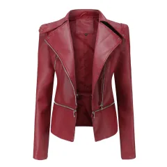Motorcycle Leather Jacket - Wine Red - View 1