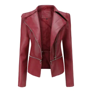 Motorcycle Leather Jacket - Wine Red