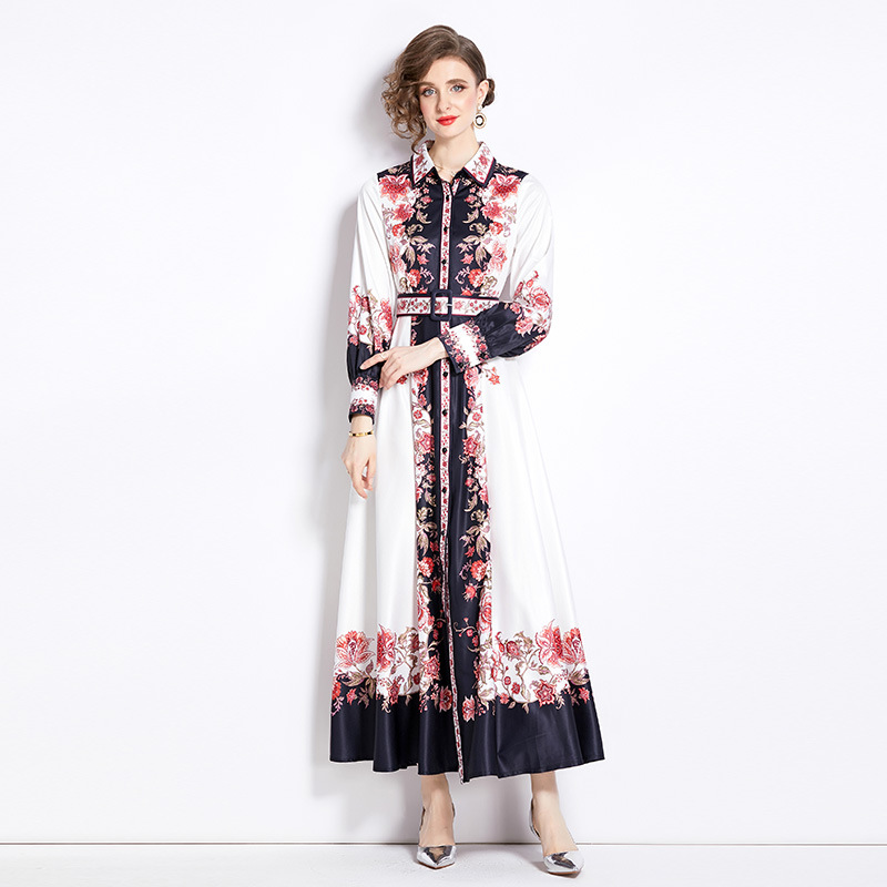 Elegant Lapel Slim-fit Mid-length Printed Blouse Collar Dress