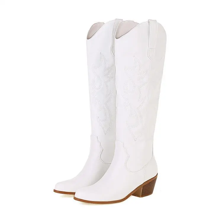 V Cut Western Cowboy Boot Women's High Heel Pointed Toe Knight Boots Below The Knee Boots Slim High - White
