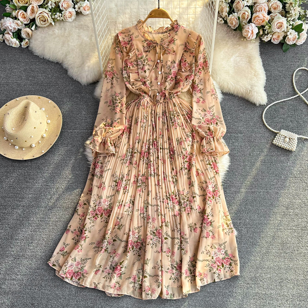 Womens Casual Round-neck Chiffon Dress With Ruffled Trim And Floral Print