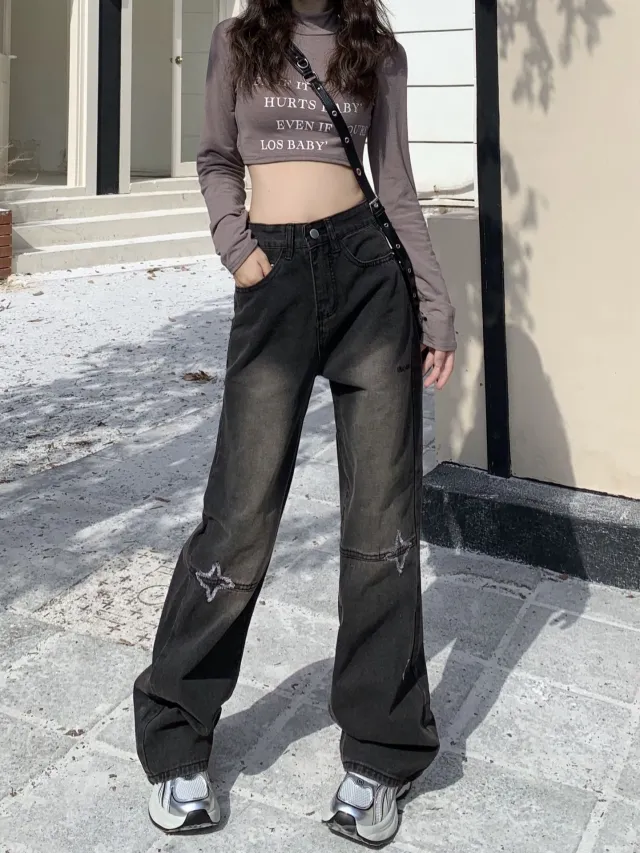 Women's Jeans New Fashion Retro Straight leg Pants Design Black - Shop at LoveMi