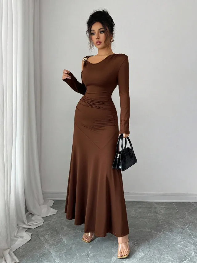 Women's Solid color Off shoulder Long sleeve Top With Metal decorated Dress Brown - Shop at LoveMi