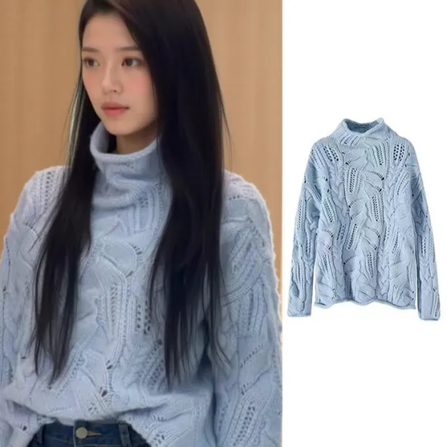 Half Turtleneck Hollow Sweater Light Blue - Shop at LoveMi