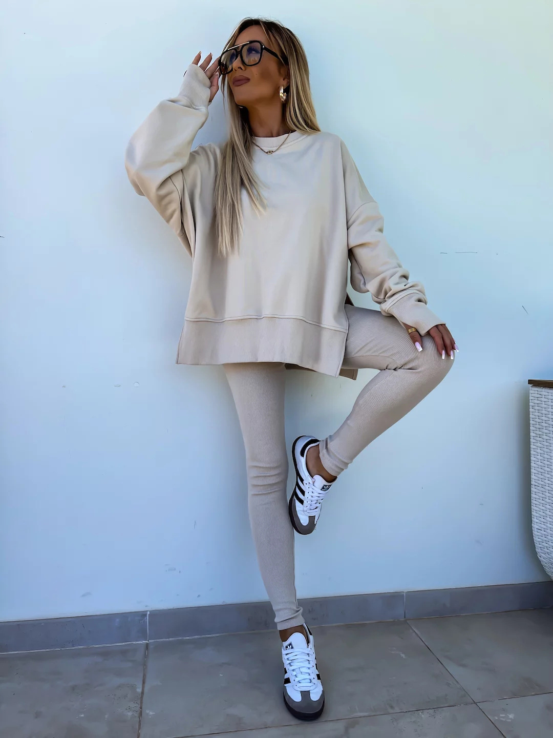 Casual Loose Sweater Suit with Tight Trousers. Product information: Color: apricot, red, khaki, pink, blue, purple, orange, green, black Sleeve type: regular sleeve Pants length: trousers Main fabric composition: Polyester (polyester fiber) Size: S,M,L,XL