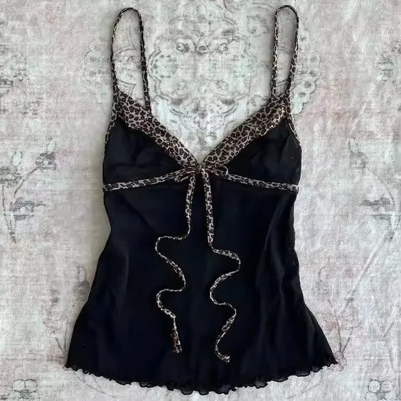 Bow Lace Trim Printed Sleeveless Tank Top Black 4 - Shop at LoveMi