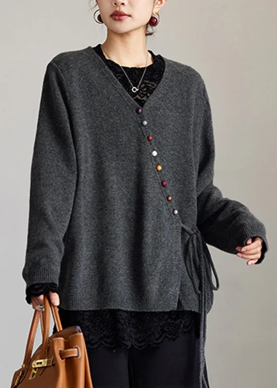 Women's Solid Color Versatile Wool Sweater Loose Top Coat Gray - Shop at LoveMi