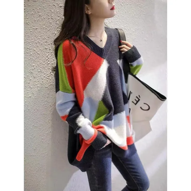 Women's V neck Rainbow Color Idle Style Knitted Sweater Rainbow - Shop at LoveMi