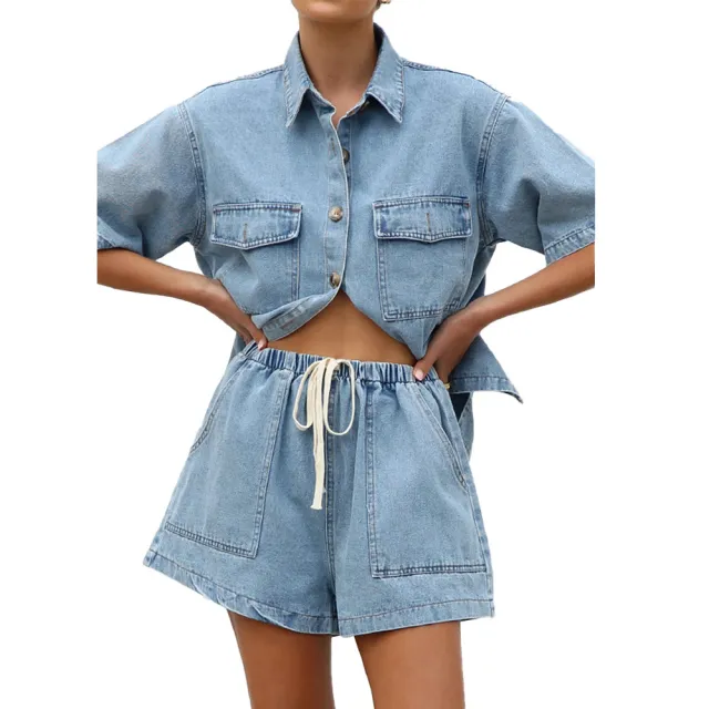 Women's Loose Pockets Short sleeved Shirt Suit Light Blue - Shop at LoveMi