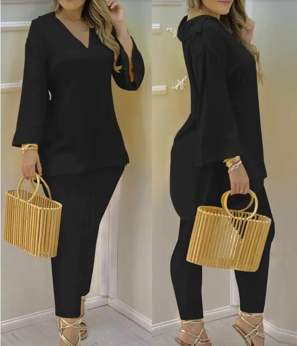 Bell Sleeve Top And Trousers Fashion Suit Women - Black