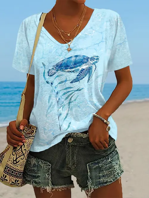 Women's Turtle Print Casual V neck Short Sleeve Pattern 2 - Shop at LoveMi