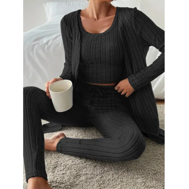 New Design Sense Round Neck Sunken Stripe Casual Solid Color Women's Three piece Suit Black - Shop at LoveMi