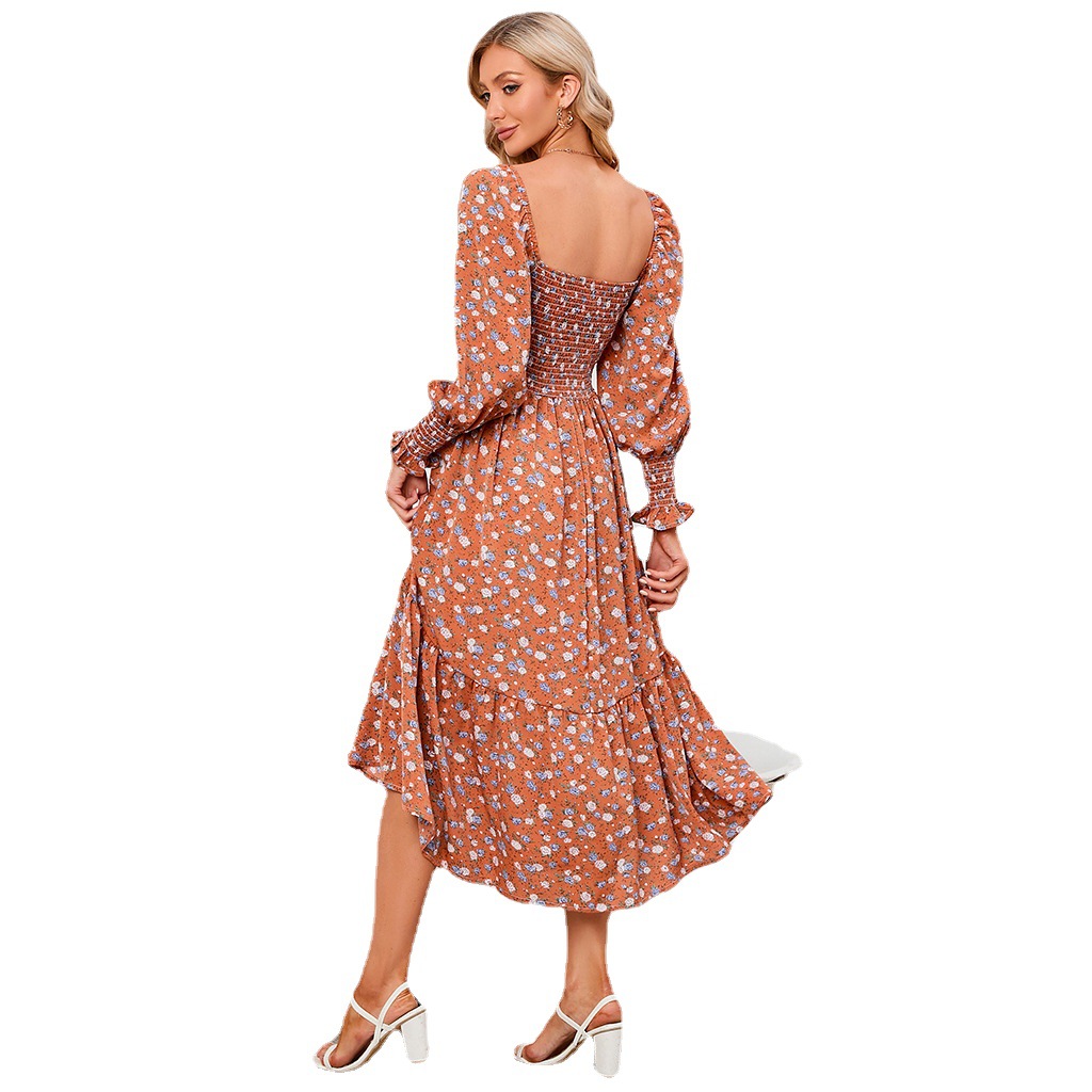Chiffon European And American Square Collar Horn Printing Comfortable Floral Skirt