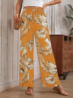 Women's Casual Digital Printing Loose Drawstring High Waist Trousers - Yellow - View 1
