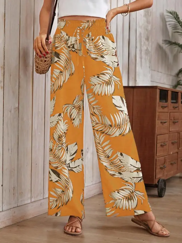 Women's Casual Digital Printing Loose Drawstring High Waist Trousers Yellow - Shop at LoveMi