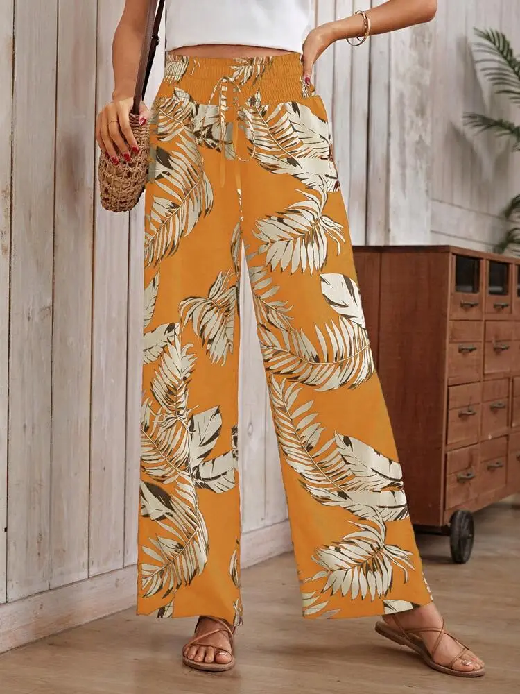Women's Casual Digital Printing Loose Drawstring High Waist Trousers - Yellow