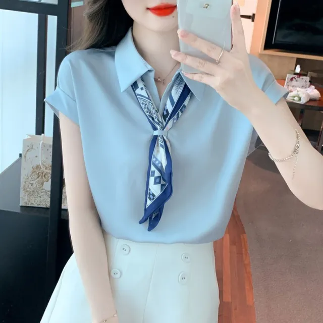 Women's French style Elegant Short sleeve Shirt Blue - Shop at LoveMi