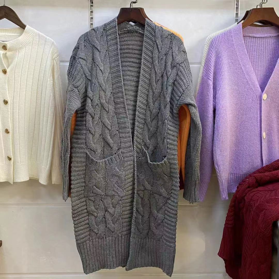 Pulover tricotat cu cablu, culoare solidă, pentru femei, Cardigan Mid-Length Coat