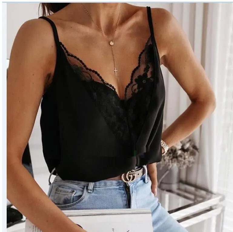 Printed Fashion Lace Patchwork V Neck Camisole T Shirt - Black