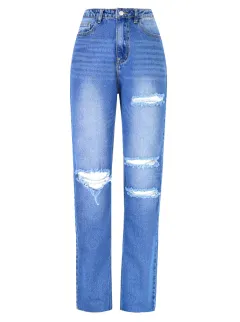 Women's High Waist Straight Ripped Jeans - Blue - View 1