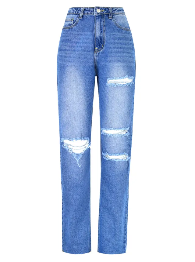 Women's High Waist Straight Ripped Jeans Blue - Shop at LoveMi