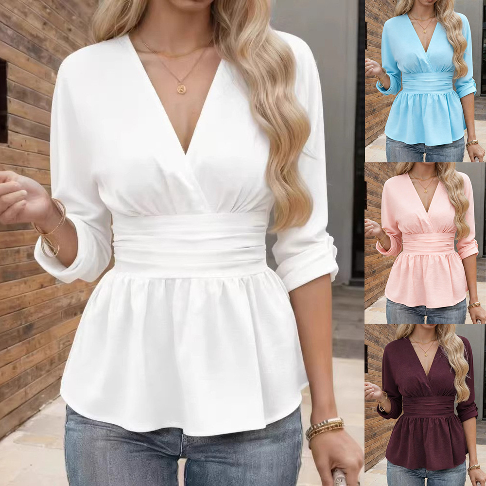 Womens Solid-Color Long-Sleeve Pullover T-Shirt With Tummy-Control Design