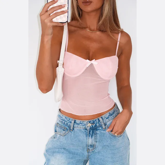 Women's Camisole Mesh See through Bow Pink Vest Top Pink - Shop at LoveMi