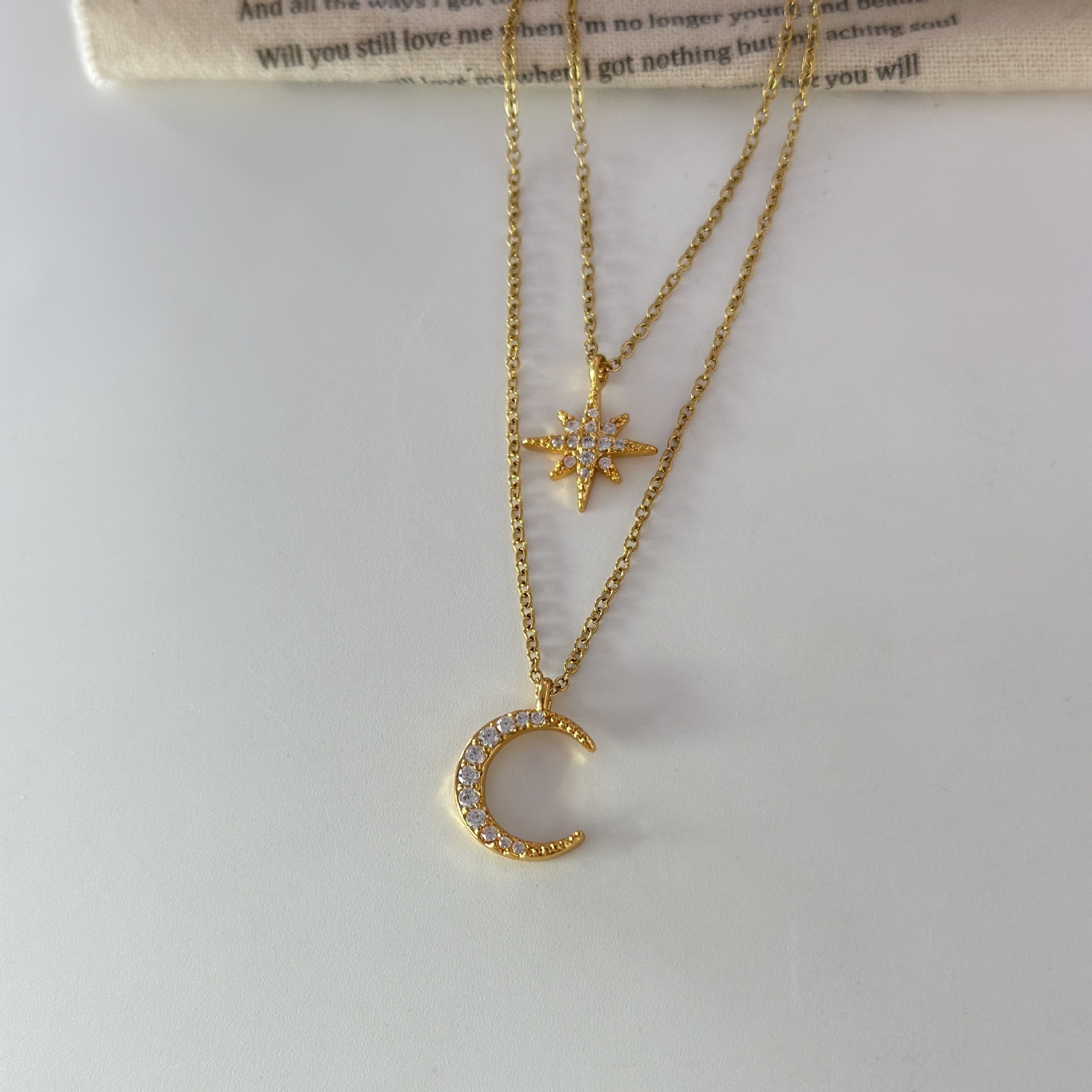 Moon Popular Necklace Double Chain Necklace Starry Sky Full Diamond Clavicle Chain