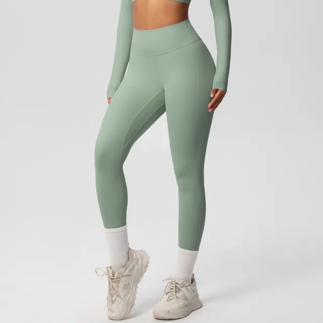 European And American High Waist Nude Feel Skin friendly Tights Running Sports Fitness Basil Green - Shop at LoveMi