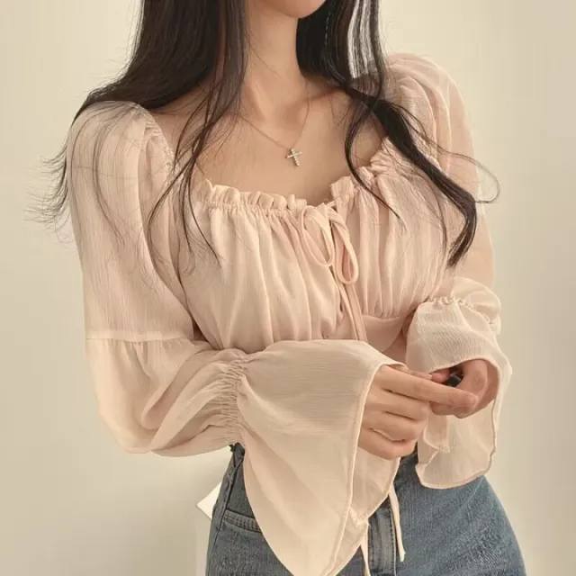 Early Spring French Minority Stringy Selvedge Lace up Square neck Cinched Bell Sleeve Chiffon Shirt Short Shirt Pink - Shop at LoveMi