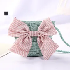 New Girls Big Bow Sun-proof Straw Hat Bag Set - Pink Bow Bag Green - View 1