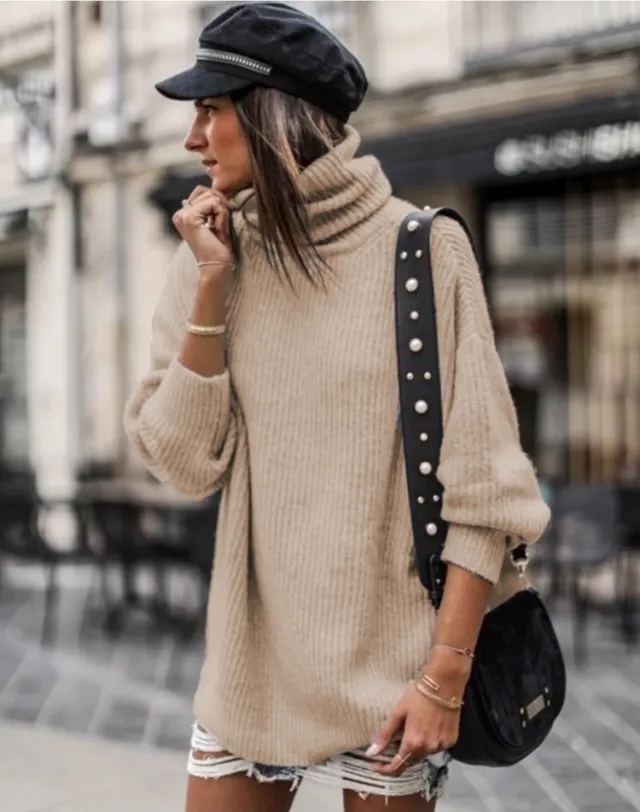 European And American Pullover Mid length Women's Sweater Dress Khaki - Shop at LoveMi