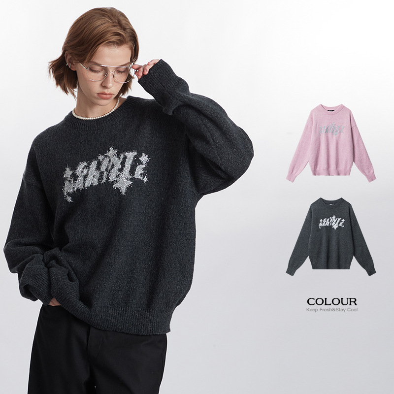 Fashion Letter Embroidery Sweater Round Neck Pullover Loose Sweater